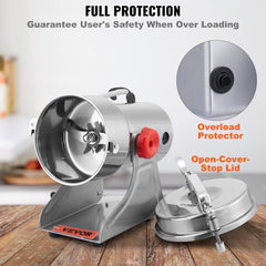 Stainless steel electric grain mill grinder with swing-type design and 700g capacity.