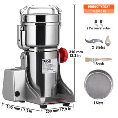 Stainless steel Bostome electric grain mill grinder with swing design and 700g capacity.