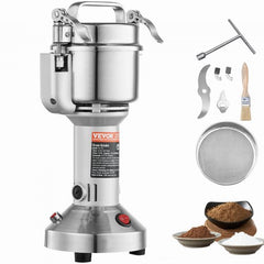 Silver Bostome 150g electric spice grinder with stainless steel blades, safety features, and accessories on white background.