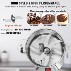 Electric spice grinder with stainless steel blades, showing grinding stages from beans to powder.