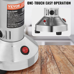 Silver Bostome 150g electric spice grinder with one-touch button on wooden surface.