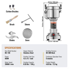 Electric spice grinder with 150g stainless steel tank, 850W motor, and accessories like blades and sieve.
