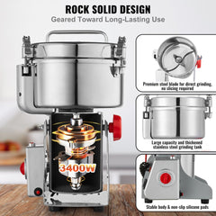Bostome 2000g commercial electric spice grain mill grinder with stainless steel blades and swing design.