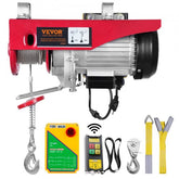 Red Bostome 880lbs electric hoist with wireless remote, hook, and slings on white background.