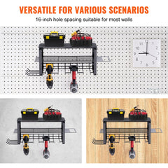 Wall-mounted power tool organizer with 4 slots and 3 layers for efficient storage.