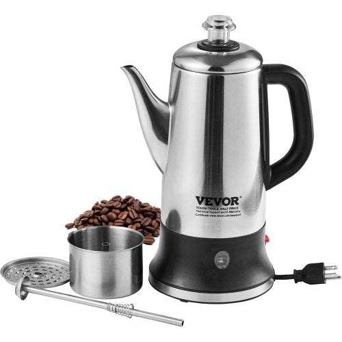 Stainless steel 12-cup electric percolator with a heat-resistant handle and automatic keep-warm function.