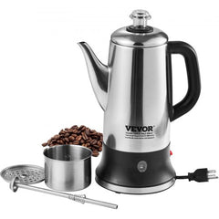 Stainless steel 12-cup electric percolator with a heat-resistant handle and automatic keep-warm function.