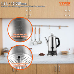 Stainless steel 12-cup electric percolator with a heat-resistant handle and automatic keep-warm function.