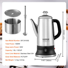 Stainless steel 12-cup electric percolator with a heat-resistant handle and automatic keep-warm feature.