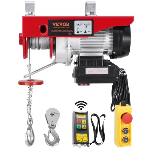 Red electric hoist winch with 440 lbs capacity, 328 ft wireless remote, and hook.