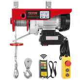 Red electric hoist winch with 440 lbs capacity, 328 ft wireless remote, and hook.