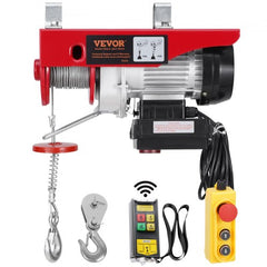 Red electric hoist winch with 440 lbs capacity, 328 ft wireless remote, and hook.