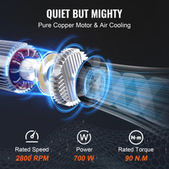 Electric hoist winch with pure copper motor, 2800 RPM, 700W power, 90 Nm torque, and air cooling.