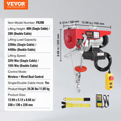 Red Bostome electric hoist winch with 440 lbs capacity, wireless remote, and dual cables.