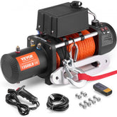 Bostome 13,500 lb electric truck winch with synthetic rope and remote control.