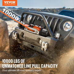 Bostome 10,000 lb electric truck winch with synthetic rope and waterproof design.