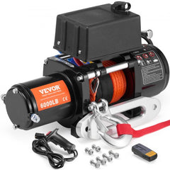 A black electric truck winch with orange synthetic rope, a hook, and remote controls.