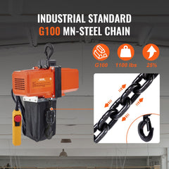 Electric chain hoist with 1100 lbs capacity, 15 ft lift, and 10 ft wired remote control.