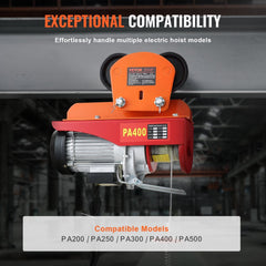 Orange Bostome 2200 lbs electric hoist manual trolley mounted on a red PA400 hoist, compatible with PA200 to PA500 models.