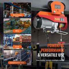 Bostome 2200 lbs electric hoist manual trolley for PA200-PA500, shown in warehouse, mine, dock, and construction site applications.