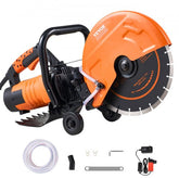 Orange 12-inch electric concrete saw with 1800W motor, 4.5-inch cut depth, wheeled base, and water line.