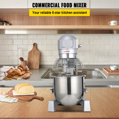 Stainless steel 15Qt commercial food mixer with 600W motor and three detachable attachments.