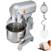Silver Bostome 20Qt commercial stand mixer with stainless steel bowl, dough hook, beater, and whip attachments.