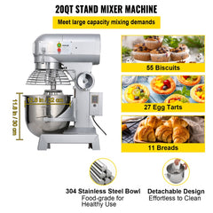 20Qt commercial stand mixer with 750W motor, 3 speeds, and stainless steel bowl.