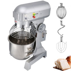 Silver Bostome 30Qt stand mixer with stainless steel bowl, dough hook, beater, whip, and bread loaves.