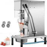 Stainless steel frozen yogurt blending machine with lever handle, hopper, and soft serve output.