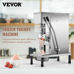 Stainless steel frozen yogurt blending machine with lever handle and soft serve dispenser.