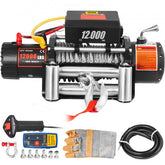 Electric truck winch with 12000 lbs capacity, 85ft steel cable, and wireless remote control.
