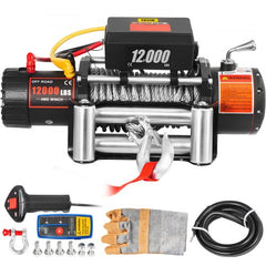 Electric truck winch with 12000 lbs capacity, 85ft steel cable, and wireless remote control.
