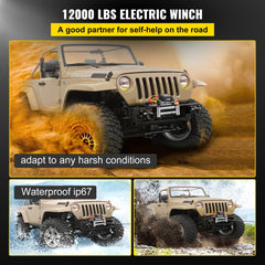Electric truck winch with 12000lbs capacity, 85ft steel cable, and wireless remote control.