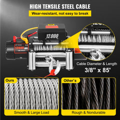 Electric truck winch with 85ft steel cable and wireless remote for off-road recovery.