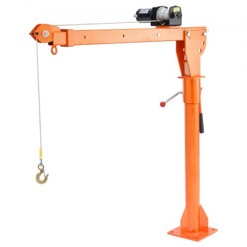 Orange electric pickup truck crane hoist with 360-degree swivel base, winch, and hook for 1100 lbs lifting.