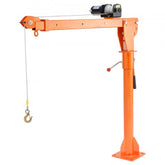 Orange electric pickup truck crane hoist with 360-degree swivel base, winch, and hook for 1100 lbs lifting.