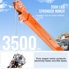 Orange electric pickup truck crane hoist with 360-degree swivel base, adjustable boom, and 1100 lbs capacity.