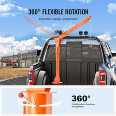 Orange electric pickup truck crane with 360-degree swivel base mounted on truck bed, showing flexible rotation and lifting arm.