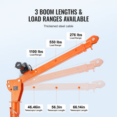 Orange electric pickup truck crane hoist with 360-degree swivel, 1100 lbs capacity, and three telescopic boom lengths up to 66.4 inches.