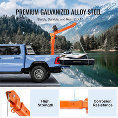 Electric pickup truck crane hoist with 2200 lbs capacity and 360° swivel for easy lifting.
