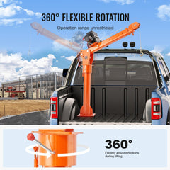 Electric pickup truck crane hoist with 2200 lbs capacity and 360° swivel for easy positioning.