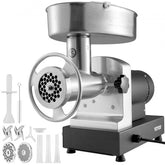 Stainless steel electric meat grinder with hopper, blades, plates, and sausage tubes.