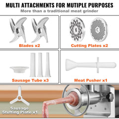 Heavy duty electric meat grinder with blades, cutting plates, sausage tubes, and pusher.