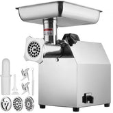 Stainless steel electric meat grinder with tray, blades, and accessories.