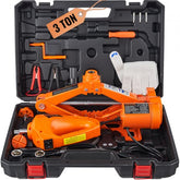 Orange 3-ton electric scissor car jack kit with impact wrench in black case.