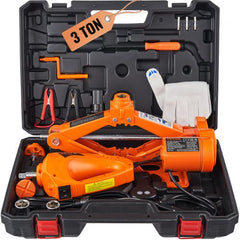Orange 3-ton electric scissor car jack kit with impact wrench in black case.