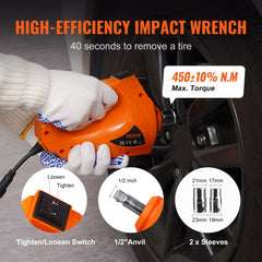 Orange electric impact wrench with 1/2-inch anvil and sleeves, plus 3-ton scissor jack kit.