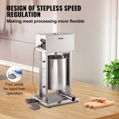 Bostome 15L electric sausage stuffer with stainless steel body and variable speed control.