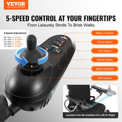 Foldable electric wheelchair with 5-speed joystick control, 300 lbs capacity, and 360-degree joystick for adults.